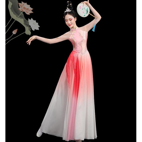Chinese Folk Classical dance Costumes Light pink Chinese wind opening dance swing skirt atmospheric singing partner dance big skirt qipao dress